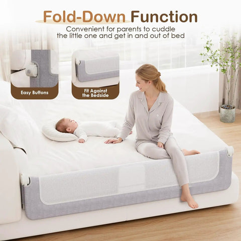 Ultra Sturdy 71 Inch Swing Down Toddler Bed Rail With Wide U Shaped Base for King Queen Full Twin Beds Breathable Baby Bed Guard