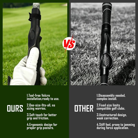 Comparison of Pro Grade Grip Training Aid For Golfers vs other grip trainers. Shows tool-free Velcro installation and ergonomic design.
