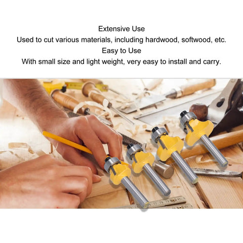 Get The Best Router Bit Set For Your Woodworking Projects With This 4 Piece Round Over Flush Trim Tool Kit Featuring Carbon Steel 1/4 Inch Shank Bits Perfect For DIY Smoothing Edges And Trimming Boards Like A Boss, displaying four router bits on a workbench.