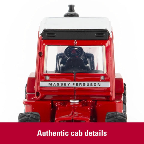 Front view of Scale Model Massey Ferguson 4880 4WD Diecast Tractor Toy with realistic cab windows, 1:64 scale.