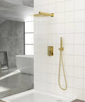 Wall Mounted Square Shower System with Rough-in Valve in gold finish with rain shower and handheld shower.