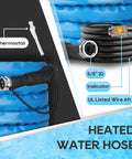 RVGUARD blue heated water hose with inline thermostat, 5/8 ID, UL-listed 6 ft wire.