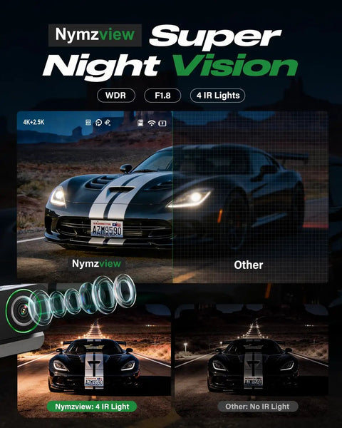 Comparison of night vision capabilities showing two cars with Crystal Clear 4K Front Cabin Rear Dash Cam With 5.8 GHz WiFi and IR light.