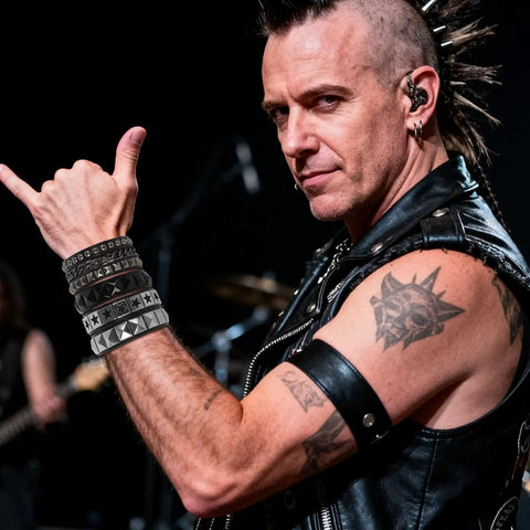 Dope Eight Piece Punk Rock Studded Leather Bracelet Set With Adjustable Spiked Zinc Cuffs worn by a musician in concert.