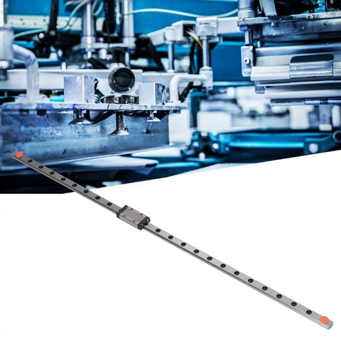 Beefy 500mm Linear Motion Guide Rail With Slide Block Assembly for CNC machines and 3D printers against industrial background.