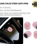 Pink Bling Valve Stem Caps With Sparkling Rhinestones Handmade Universal Car Tire Caps Chrome Look Dustproof Car Bike Motorcycle Accessories Long Lasting Sparkle shown on tire and separate view of rhinestone caps.