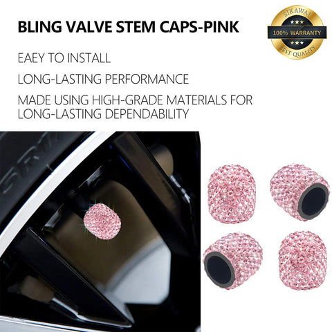 Pink Bling Valve Stem Caps With Sparkling Rhinestones Handmade Universal Car Tire Caps Chrome Look Dustproof Car Bike Motorcycle Accessories Long Lasting Sparkle shown on tire and separate view of rhinestone caps.