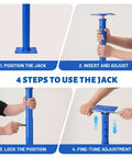 Rock Solid Adjustable Steel Jack Post Heavy Duty Structural Support 16070 Pound Capacity illustrated in 4 step usage guide.