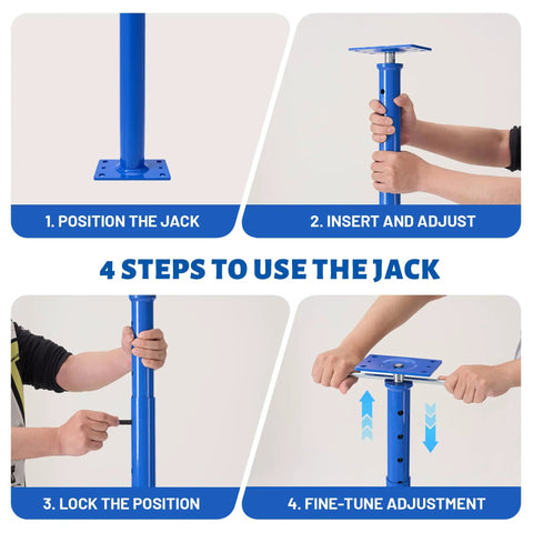 Rock Solid Adjustable Steel Jack Post Heavy Duty Structural Support 16070 Pound Capacity illustrated in 4 step usage guide.