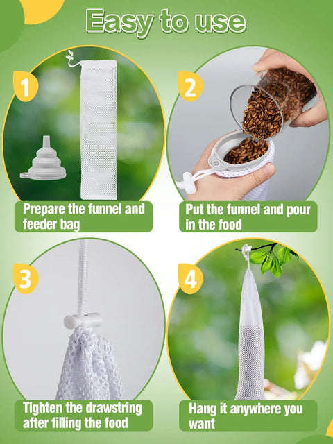 Steps to use Six Pack Outdoor Sock Feeders For Thistle Seeds with funnel, filling, tightening drawstring, and hanging in garden.