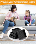 Non Slip Rubber Furniture Pads 8 Pack Black Square displayed with family on couch, stopping furniture from sliding.