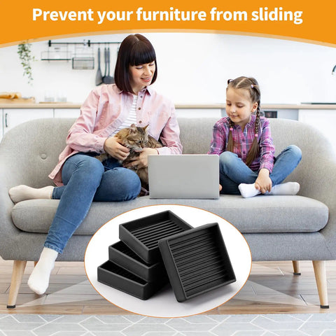 Non Slip Rubber Furniture Pads 8 Pack Black Square displayed with family on couch, stopping furniture from sliding.