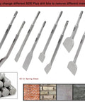 8 Piece SDS Plus Rotary Hammer Chisel Set For Demolition Masonry And Concrete Including Tile Removal Grooving Scraping Scaling Point Flat Wide Angled Chisels displayed on white background, showing different chisel types.