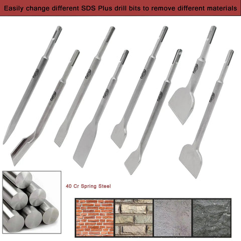 8 Piece SDS Plus Rotary Hammer Chisel Set For Demolition Masonry And Concrete Including Tile Removal Grooving Scraping Scaling Point Flat Wide Angled Chisels displayed on white background, showing different chisel types.
