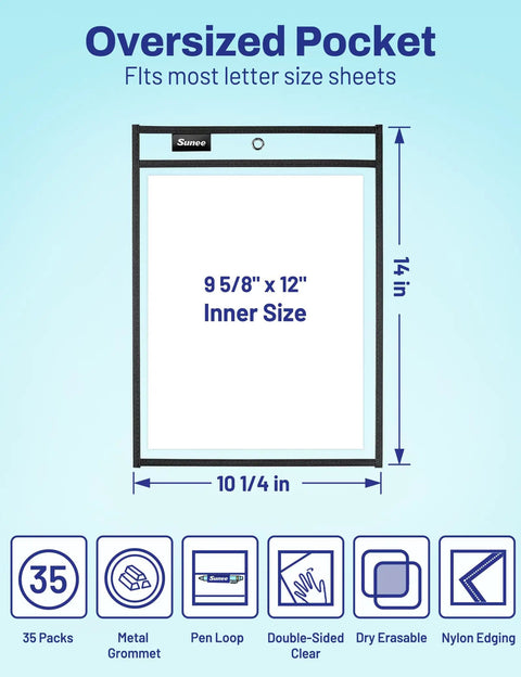 Diagram showing Oversized Dry Erase Pockets With Rings Pack of 30 for Reusable Worksheets, fits most letter size sheets 10x14 inches.