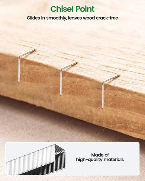Top Notch 22 Gauge 71 Series Galvanized Upholstery Staples 3/8 Inch Crown By 3/8 Inch Leg Bulk Pack with chisel point on wood.