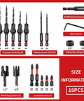 Professional 18 Piece Countersink Drill Bit Set Featuring Hex Shank Screwdriver Bits And Precision Depth Stop Collars, detailed tool arrangement in case.