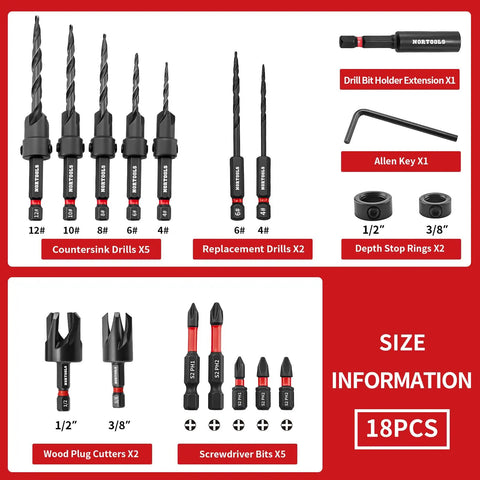 Professional 18 Piece Countersink Drill Bit Set Featuring Hex Shank Screwdriver Bits And Precision Depth Stop Collars, detailed tool arrangement in case.