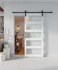 36 Inch By 84 Inch Glass Barn Door Slab In White MDF With Frosted Glass PVC Surface Includes Six Point Six Feet Hardware Kit Door Handle And Floor Guide DIY Friendly And No Fuss Ready To Install installed in living space