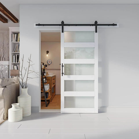 36 Inch By 84 Inch Glass Barn Door Slab In White MDF With Frosted Glass PVC Surface Includes Six Point Six Feet Hardware Kit Door Handle And Floor Guide DIY Friendly And No Fuss Ready To Install installed in living space