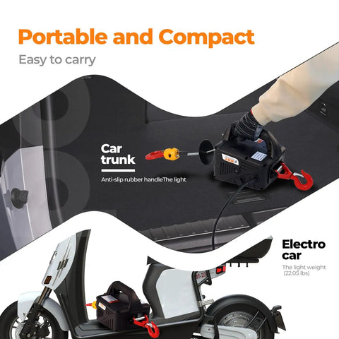 All In One Electric Hoist Winch 1500W Portable Power Lift shown in car trunk and on electric car, emphasizing portability