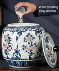 Large Ceramic Rice Jar And Flour Bin With Snap Lock Airtight Lids Authentic Chinese Good Fortune Design with wide opening for easy access.