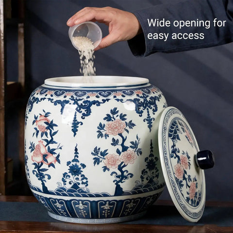 Large Ceramic Rice Jar And Flour Bin With Snap Lock Airtight Lids Authentic Chinese Good Fortune Design with wide opening for easy access.