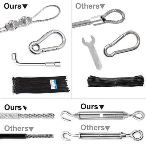 Comparison of Globe String Light Suspension Kit components with others, including stainless steel wire, hooks, and accessories.