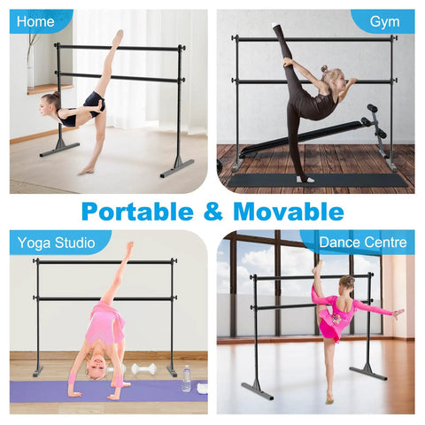 5 Foot Freestanding Ballet Barre With 10 Adjustable Heights From 11 To 47 Inches 350 Lb Capacity Steel Portable Double Barre in various settings