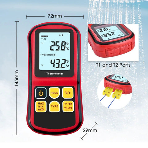Red handheld dual-channel digital thermocouple thermometer with LCD display and T1/T2 ports, includes four K-type probes