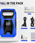 No Drama Portable Tire Inflator Air Compressor With Smart Pressure Gauge And Automatic Shutoff For Cars Trucks Bikes And Sports Inflatables Dual Plug Setup showing digital display and accessories.