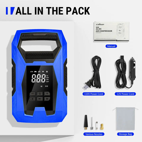 No Drama Portable Tire Inflator Air Compressor With Smart Pressure Gauge And Automatic Shutoff For Cars Trucks Bikes And Sports Inflatables Dual Plug Setup showing digital display and accessories.