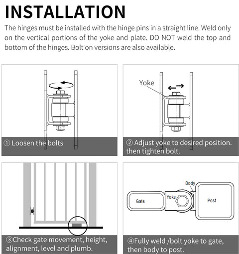Heavy Duty Sealed Bearing Gate Hinges For Outdoor Gates Up To 1000 Lbs, Bolt On Or Weld On, Adjustable Yoke Pivot CI3700 Gate Hinge Pair, Black Built For Outdoor Use, Tough As Nails installation diagram