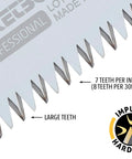 Badass Pocket Folding Saw With 5 Inch Razor Sharp Blade Slick Design Heavy Duty Rust Resistant Steel Solid Grip Handle showing impulse hardened teeth.
