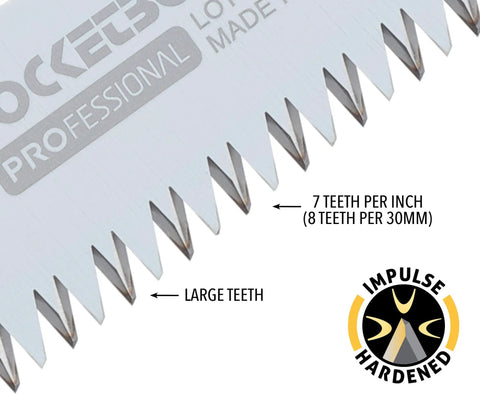 Badass Pocket Folding Saw With 5 Inch Razor Sharp Blade Slick Design Heavy Duty Rust Resistant Steel Solid Grip Handle showing impulse hardened teeth.