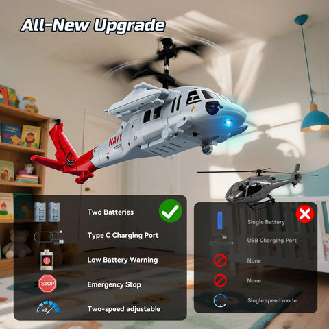 Black Hawk Style RC Helicopter With 2 Batteries And 26 Minute Flight Time Indoor Flying Toy With LED Lights in Living Room