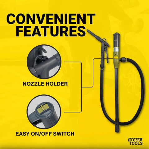 Portable Fuel Transfer Pump With Rubber Hose Battery Or USB C Powered Heavy Duty 4.3 Foot Hose Safety Nozzle Quick Transfer Of Gas Diesel DEF And Water For 3 To 20 Gallon Barrels Perfect For Home Garages And On The Go Jobs with nozzle holder and on/off switch.