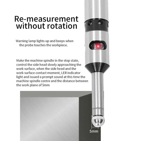 Photoelectric Edge Finder For Milling Machines, Stainless Steel Non Magnetic Centering Rod Detector, High Accuracy 0.01 To 0.02 Millimeters, 10 Millimeter Range, Machinist Tool For Precise Alignment And Setup, Pro Grade showing probe contact and 5mm distance