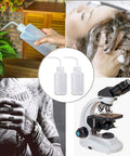 Two Pack 250ml Squeeze Wash Bottles, Narrow Mouth Plastic Safety Bottles For Medical And Plant Care, Lightweight LDPE With Measurement Scales For Cleaning, Watering Tools, Succulent Care shown with plant, hair, tattoo, and microscope use