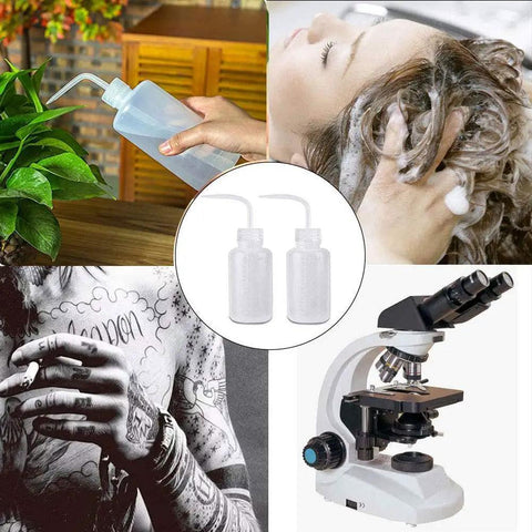 Two Pack 250ml Squeeze Wash Bottles, Narrow Mouth Plastic Safety Bottles For Medical And Plant Care, Lightweight LDPE With Measurement Scales For Cleaning, Watering Tools, Succulent Care shown with plant, hair, tattoo, and microscope use