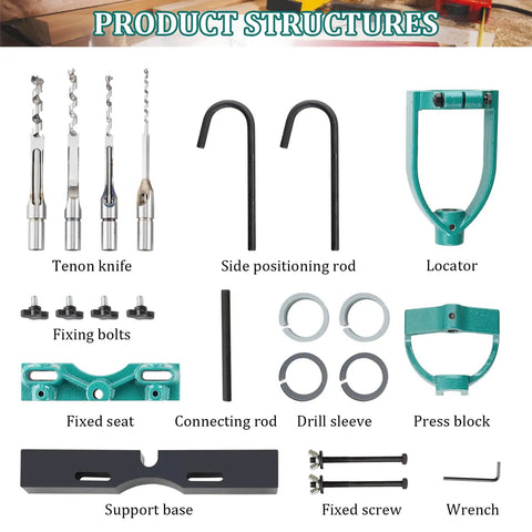 DIY Friendly Bench Drill Locator Set For Woodworking Mortiser Square Hole Drill Guide Kit components and tools displayed.