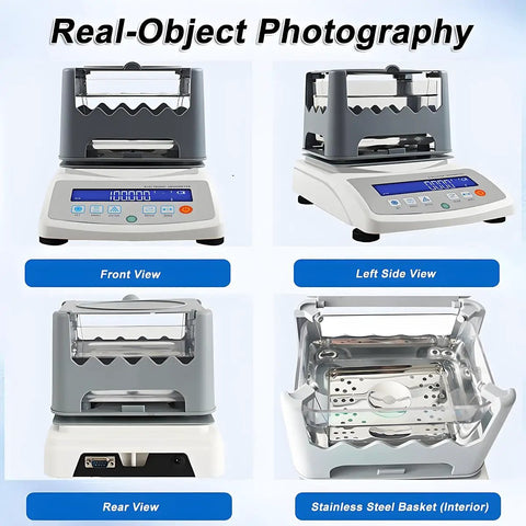 Digital Gold Purity Tester Machine High Precision Density Meter With LCD Display front, left, rear views and stainless steel basket details.