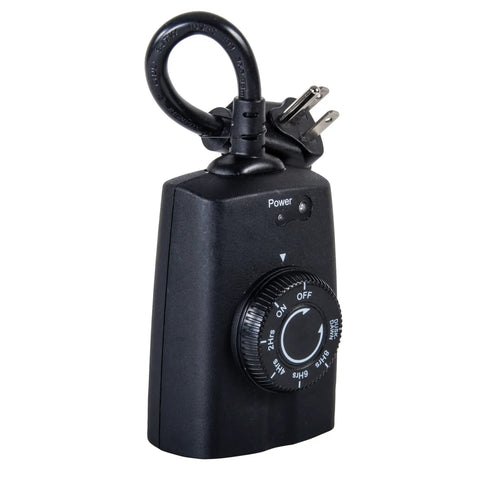 Make Your Porch Lights Run Smooth With This Beefy Outdoor Plug In Timer Using Natural Light Sensors For Auto Day Night Cycling Zero Headache Landscape And Holiday Setup 15 Amp, black timer with dial and plug.