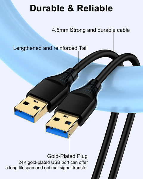 Long 10 Foot USB A To USB A Cable For External Hard Drives And PC Gear With Gold Plated Connectors, Plug And Play USB 2.0 Wide Compatibility With WD Drives And Other USB A Devices, High Speed Data Transfer For Quick Backups. Black USB A-to-A cable with gold-plated plugs and reinforced tail.