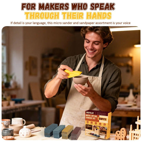 Person using 128 Piece Pro Grade Premium Micro Sander And Sandpaper Kit With Detail And Mini Hand Sander And Small Sanding Block 80 To 3000 Grit Sandpaper Set For Wood Crafts Furniture Tight Spaces And DIY Projects in workshop.