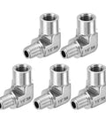 Six 1/8 in G1/8 male x G1/8 female 90-degree barstock street elbows in 304 stainless steel