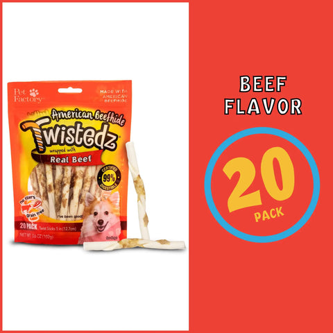Package and sticks of Twistedz American Beefhide 5 Inch Twist Sticks For Dogs With Real Beef Meat Wrap Chew Treats 20 Count