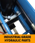 Industrial Grade Steel Shop Press Featuring Adjustable Cylinder Stroke Reinforced Welded Frame And Manual Operation For Slick Assembly And Knockout Pressing Power hydraulic components close-up with bolts and fittings.