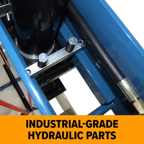 Industrial Grade Steel Shop Press Featuring Adjustable Cylinder Stroke Reinforced Welded Frame And Manual Operation For Slick Assembly And Knockout Pressing Power hydraulic components close-up with bolts and fittings.