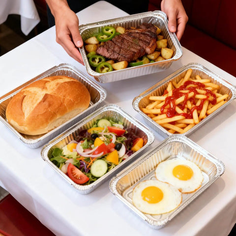 60 Pack Aluminum Foil Pans With Lids, 8.5 By 6 Inch, 2.25 Lb Capacity, filled with meals on table including steak and salad